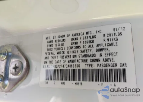 2012 Honda Accord 2.4 Lx-P z USA, uszkodzony, nr VIN 1HGCP2F47CA069556